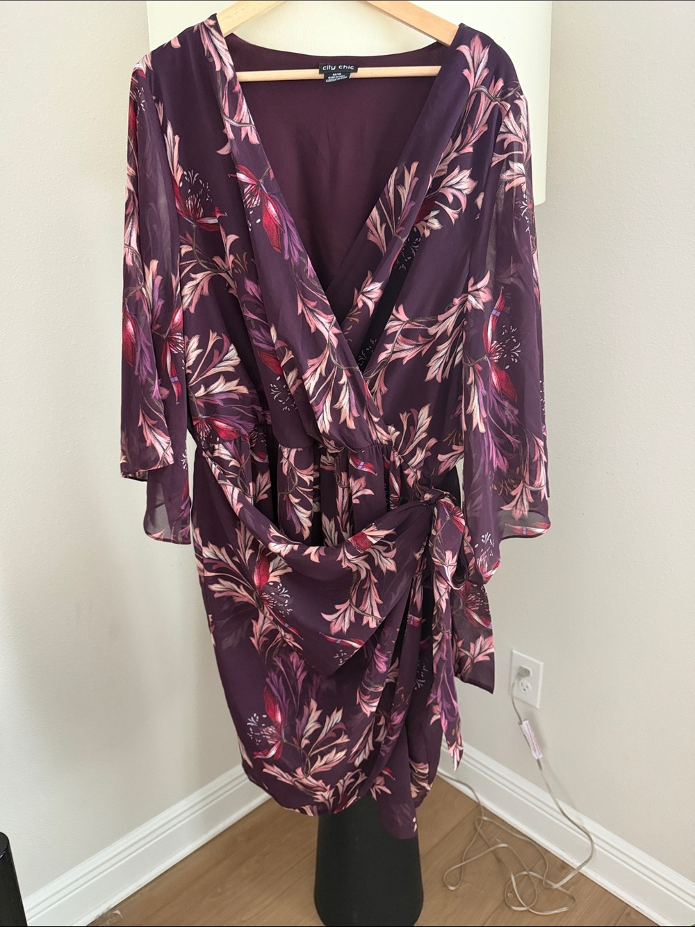 City Chic Plum Floral Wrap Dress with Pink Accents